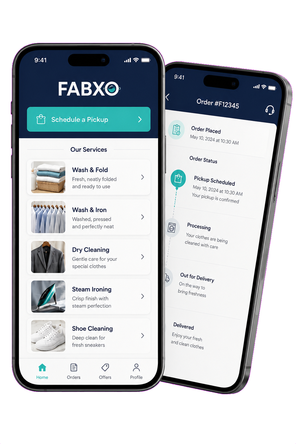 FABXO mobile app shown on two phones: the services home screen and a live order-tracking screen