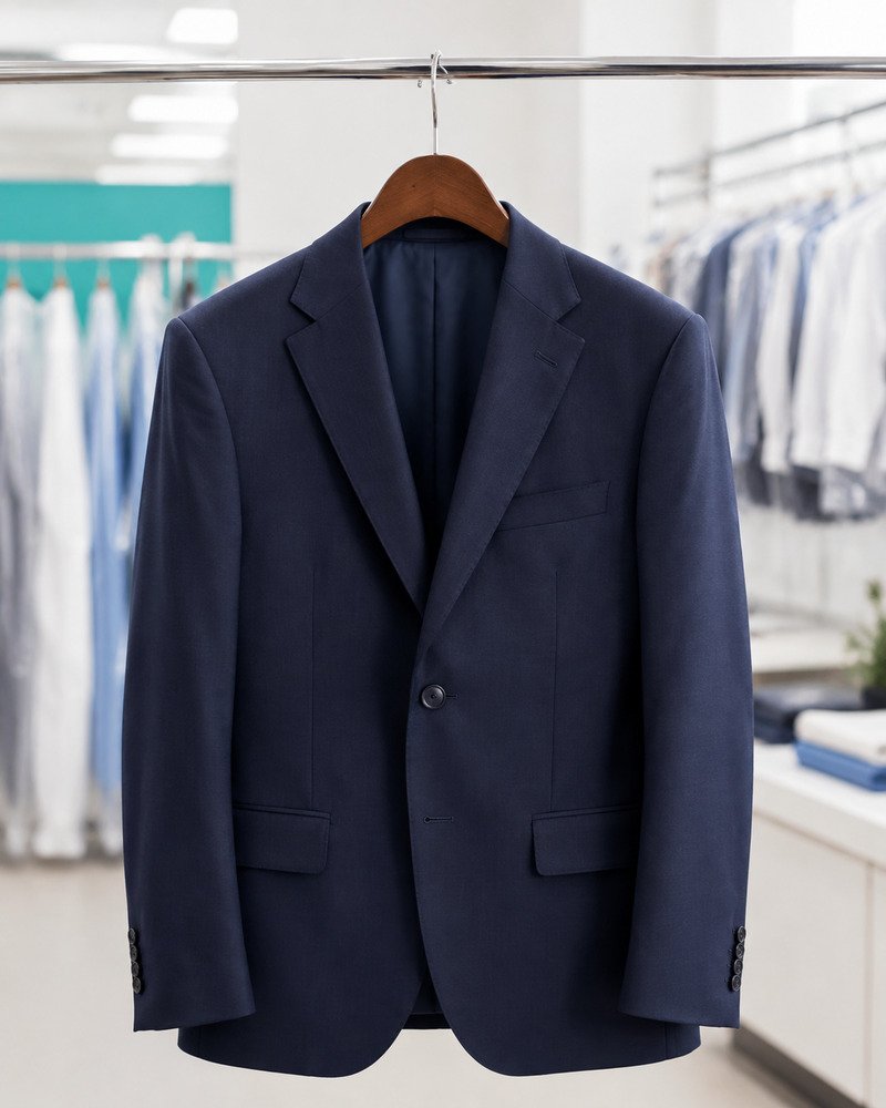 Dark suit jacket on a hanger after professional dry cleaning