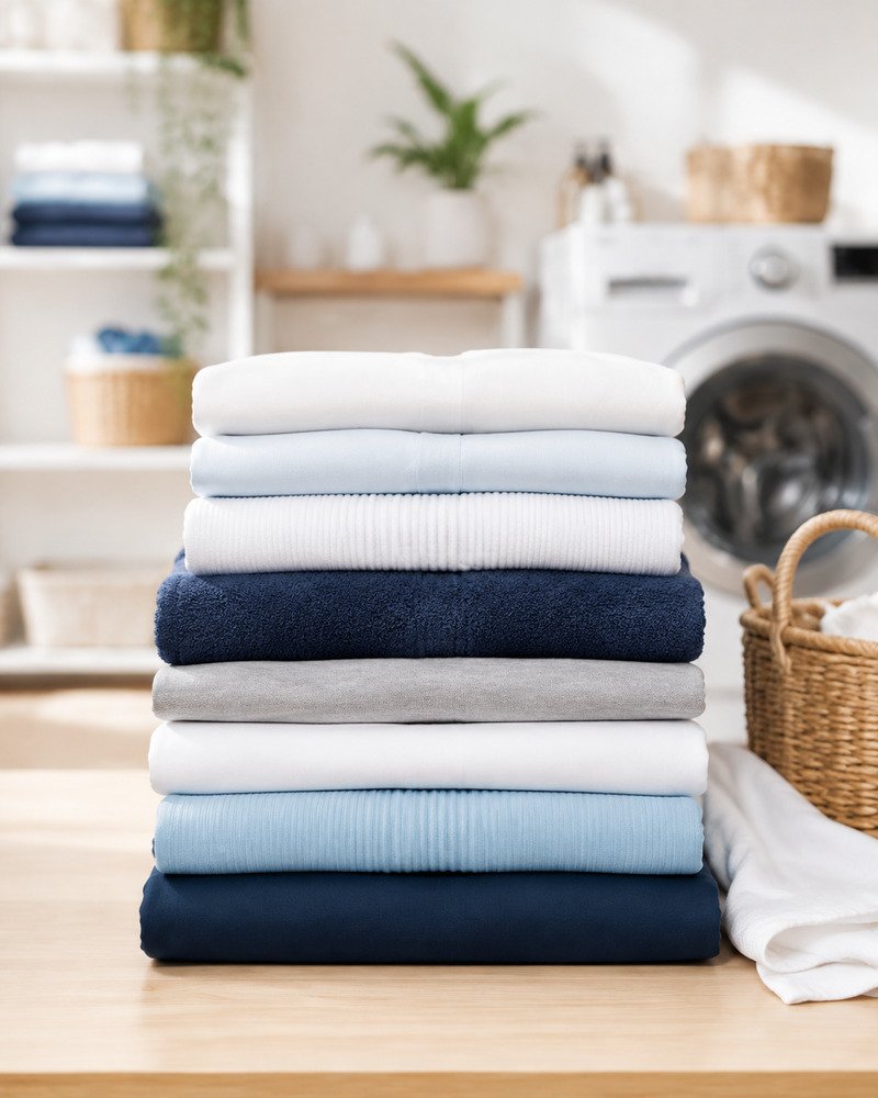 Stack of freshly washed and neatly folded towels and linens