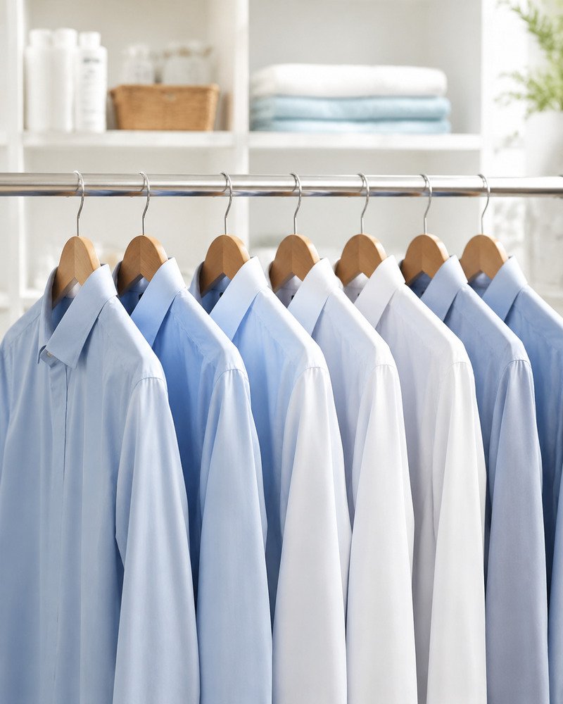 Row of crisply washed and ironed shirts on hangers